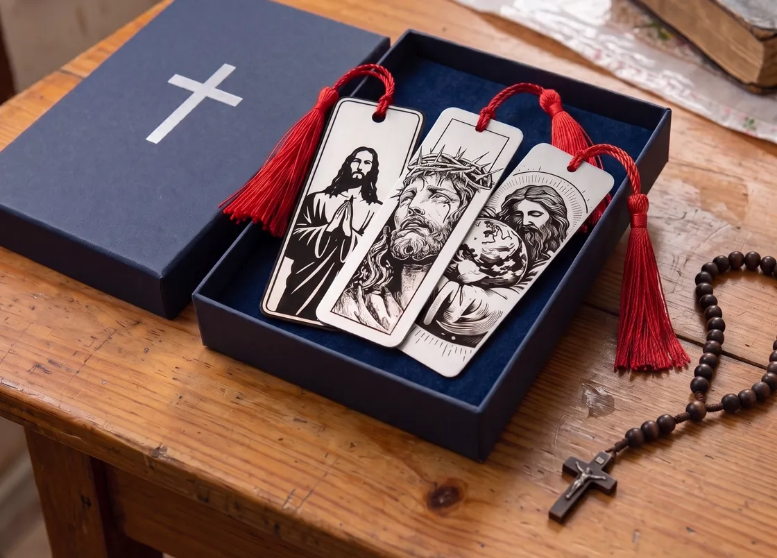 Kit com os 3 marcadores de Cristo em gravura preto e branco com tassel vermelho, apresentado em caixa de presente azul-marinho com cruz, sobre mesa de madeira com terço